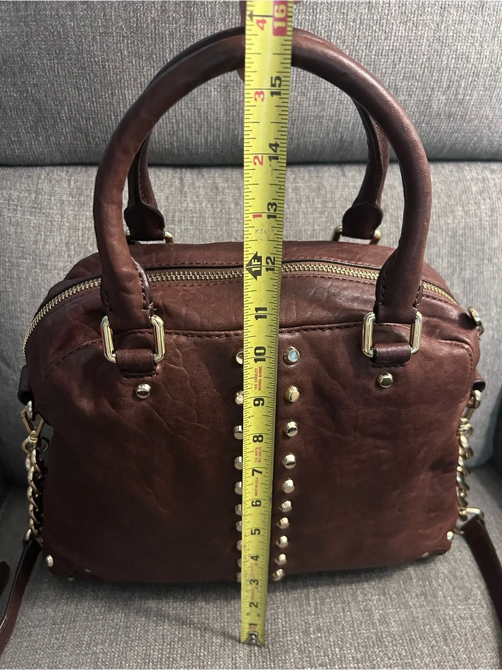 Michael Kors Brown Studded Leather Satchel with leather & chain crossbody strap